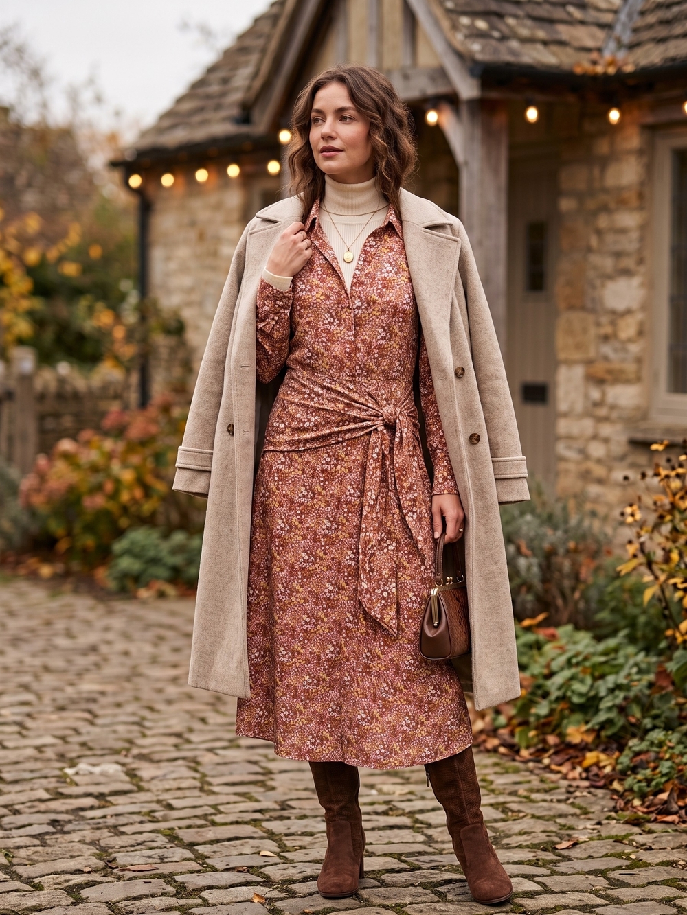 All In Favor Rustic Romantic Midi Dress Cinnamon Girl Floral Tie Waist Fall